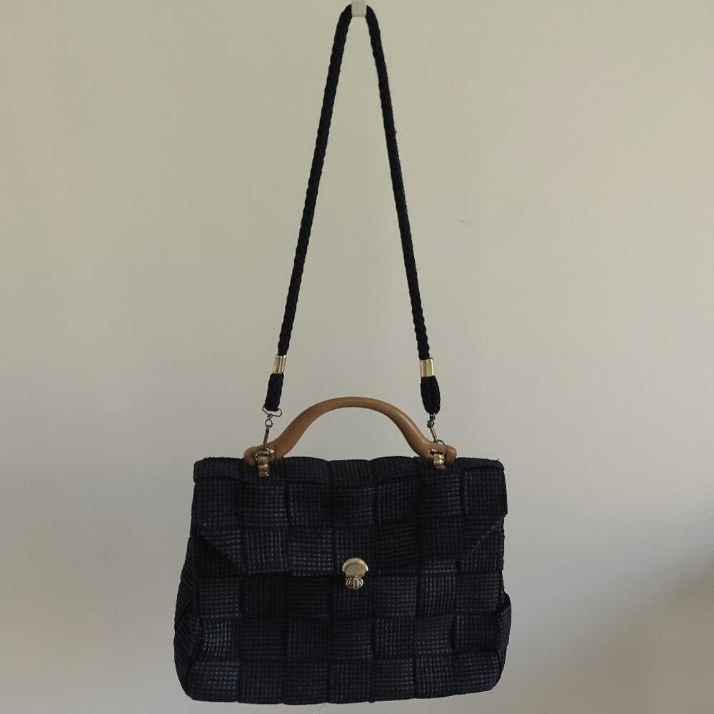 Bertini M&G Italy Dark Blue Woven Strap Handbag Vintage 80s
